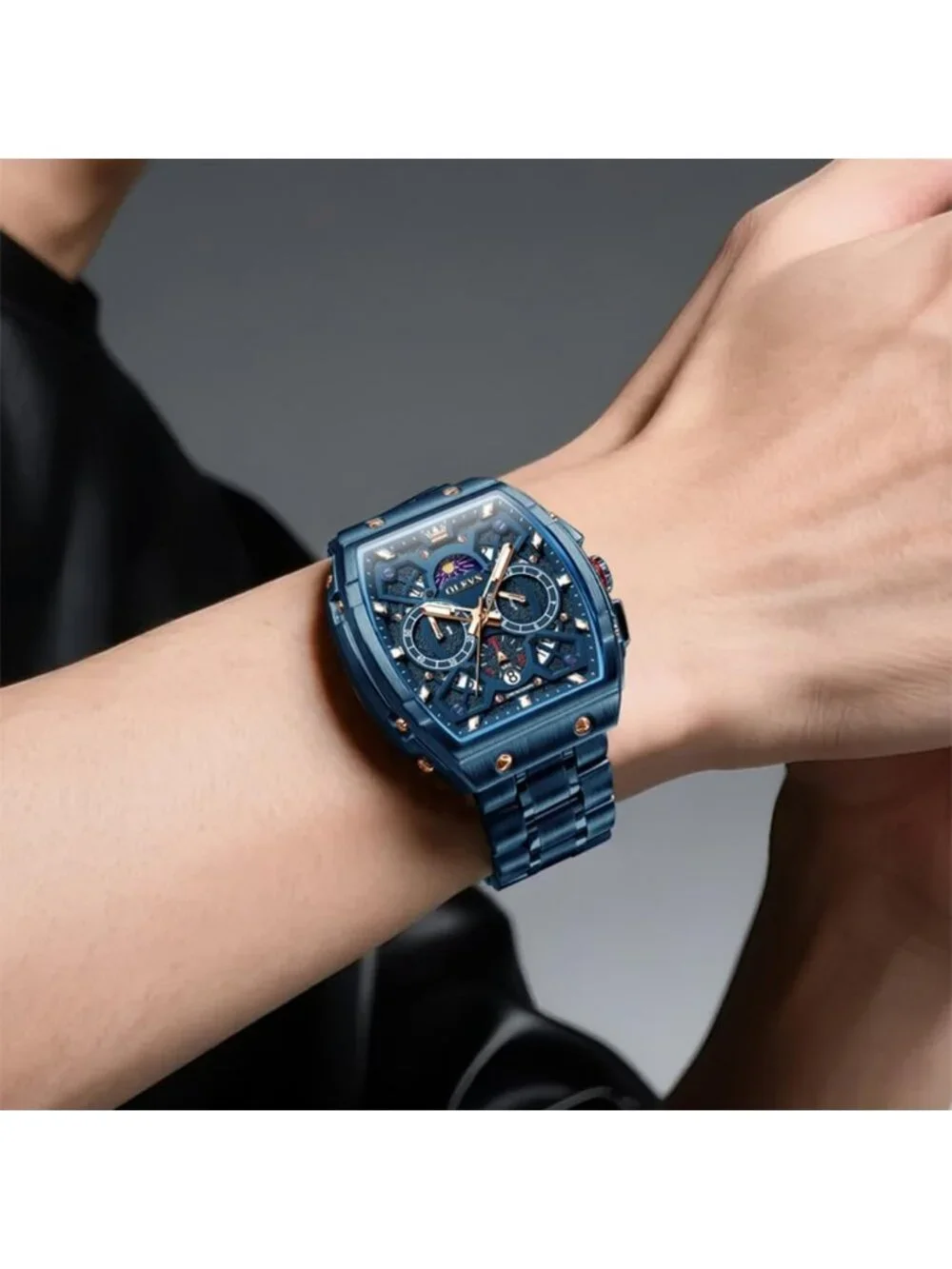 Men's Blue Chronograph Big Square Analog Stainless Steel Date Wrist Watch